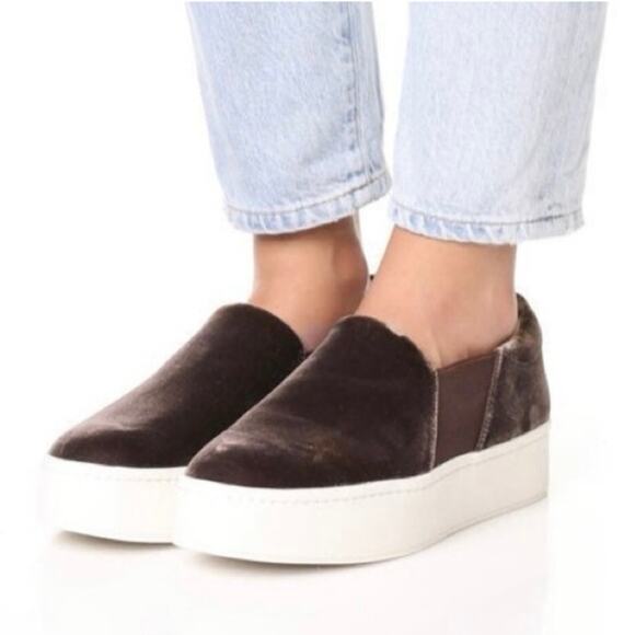 VINCE Women's Sz 10 Warren Velvet Platform Slip On Sneaker Shoes Chocolate Brown - Picture 2 of 15